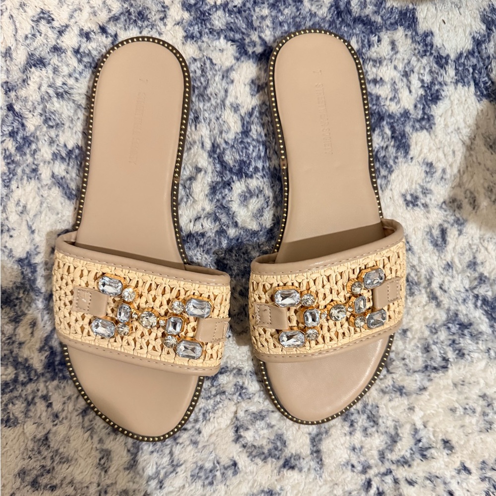 Beige Embellished Slide Sandals